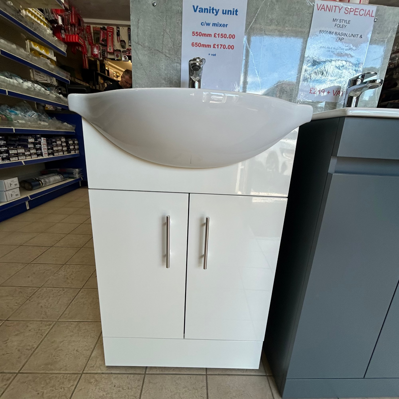 Clearance | White Floor Standing 2 Door Vanity Unit, Basin and Mixer Tap
